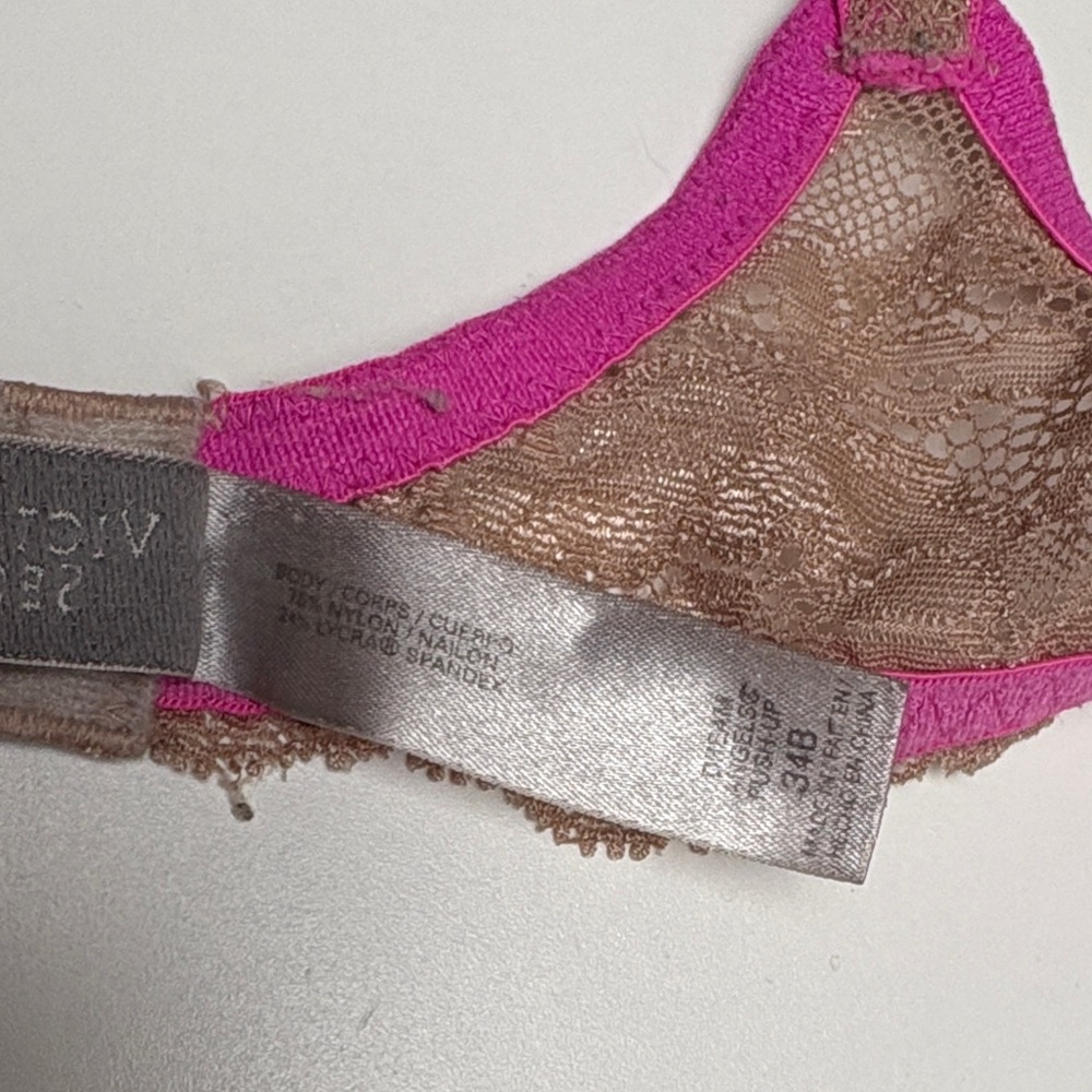 Victoria's Secret 34B Pink & Beige Lace Push up bra GUC - Picture 8 of 11